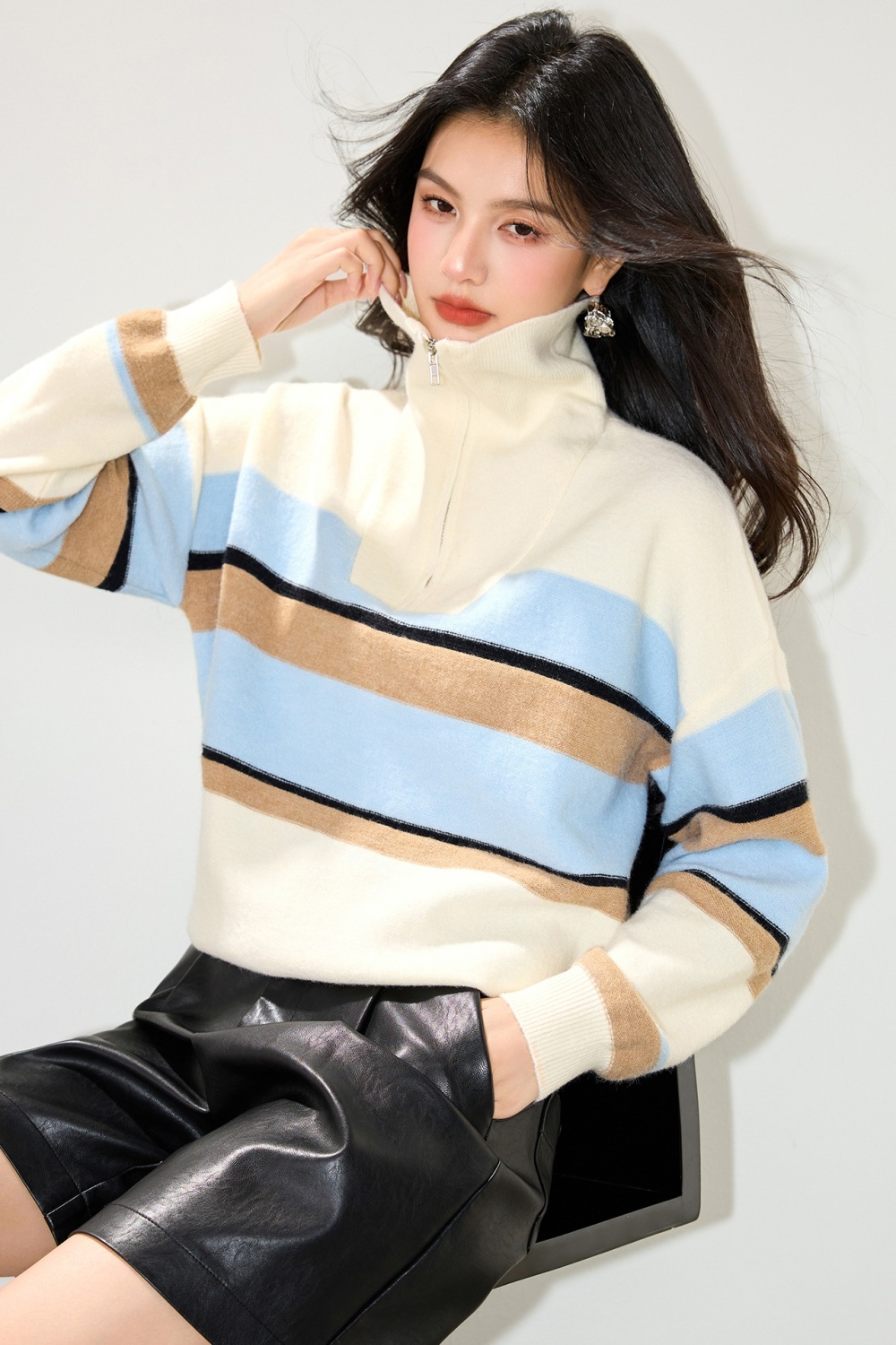 Mixed colors loose autumn lapel stripe sweater for women