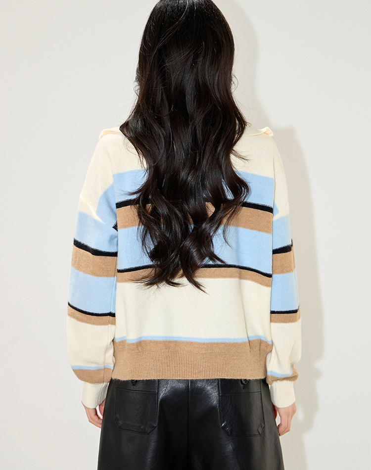 Mixed colors loose autumn lapel stripe sweater for women