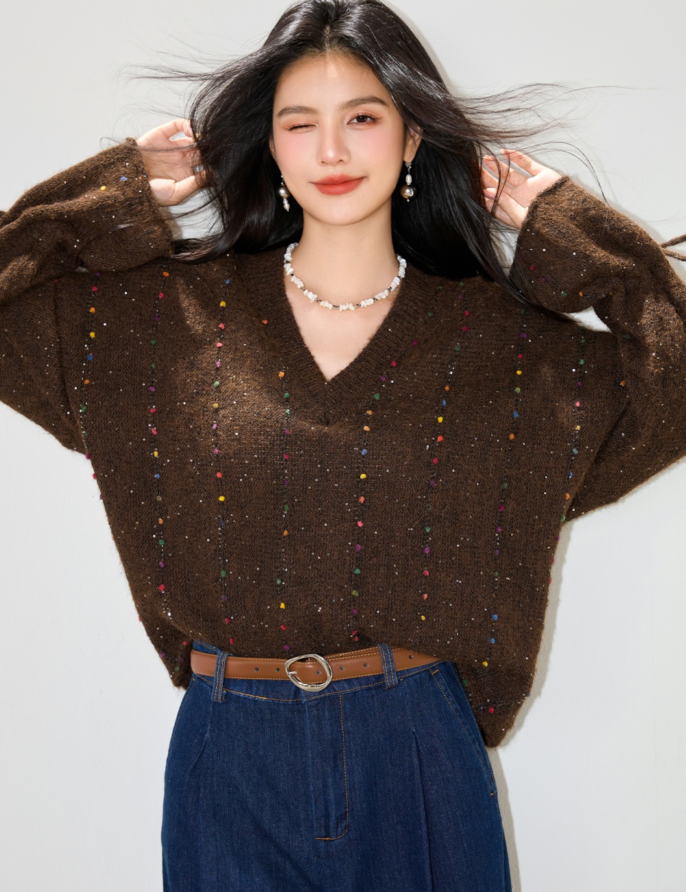 Color point lazy tops plush sweater for women