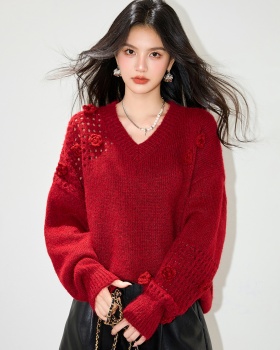 Stereoscopic flowers tender V-neck slim all-match sweater