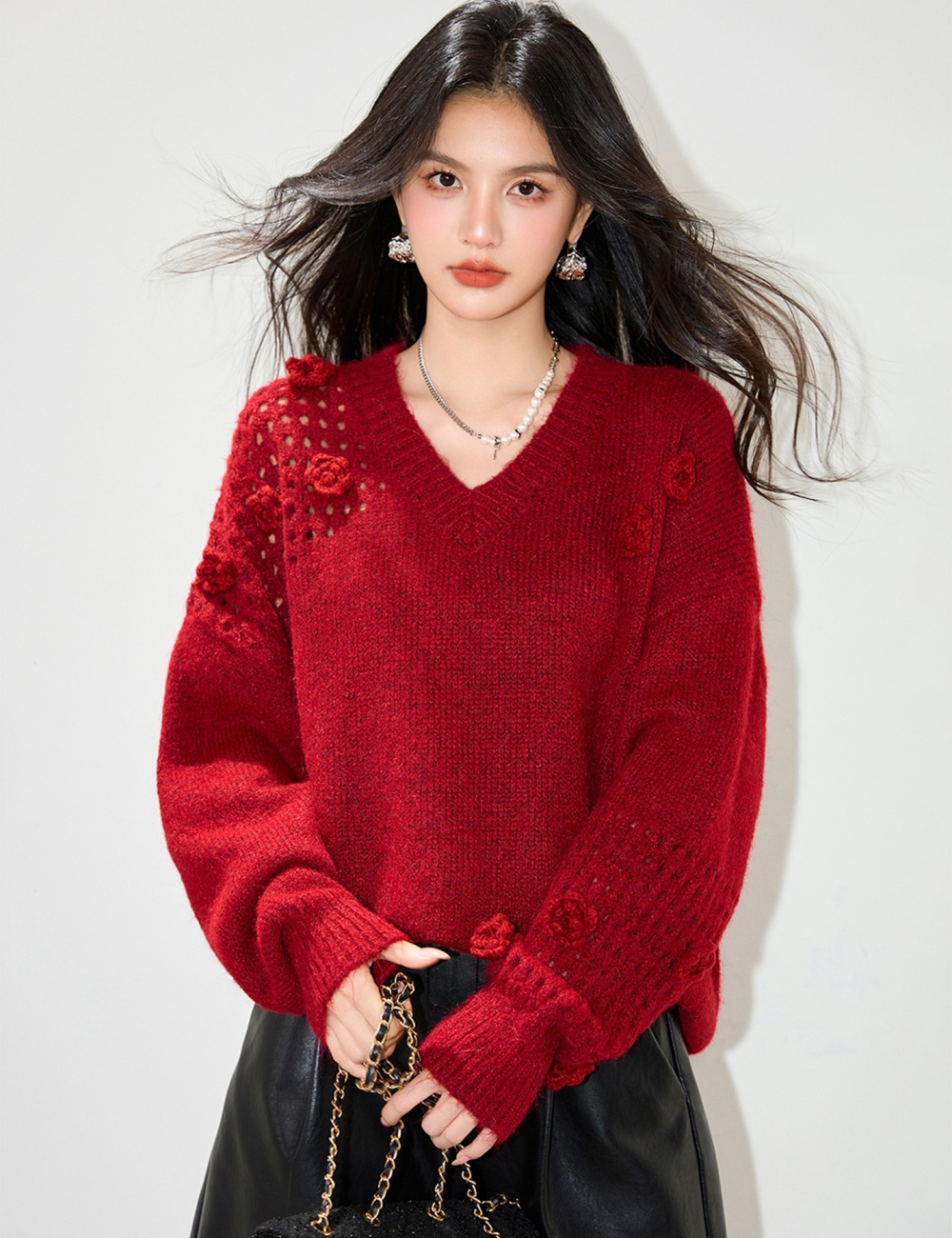 Stereoscopic flowers tender V-neck slim all-match sweater