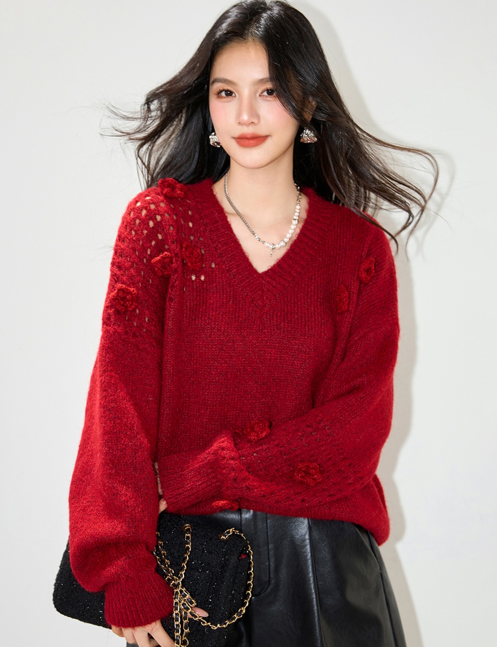 Stereoscopic flowers tender V-neck slim all-match sweater