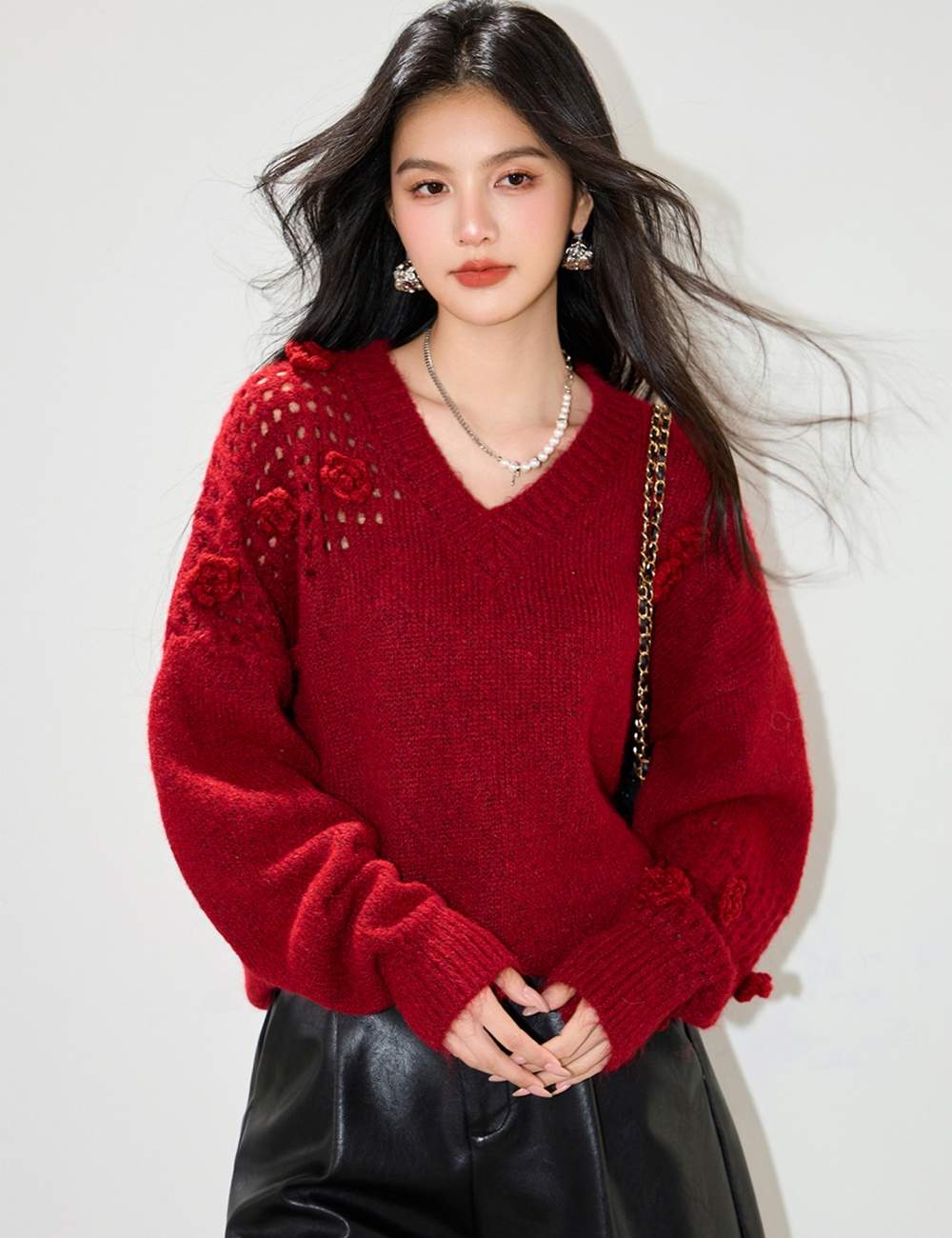 Stereoscopic flowers tender V-neck slim all-match sweater