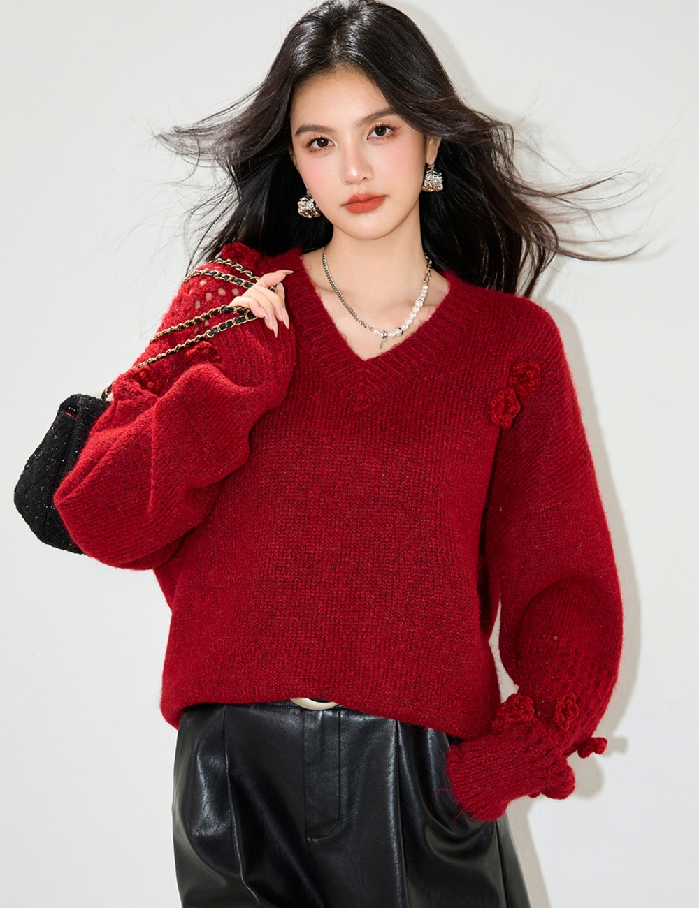 Stereoscopic flowers tender V-neck slim all-match sweater