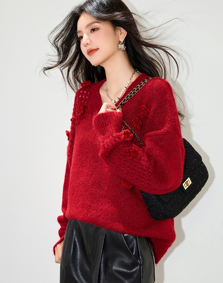 Stereoscopic flowers tender V-neck slim all-match sweater