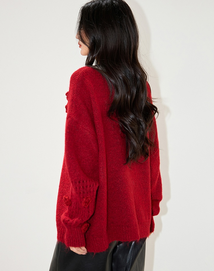 Stereoscopic flowers tender V-neck slim all-match sweater