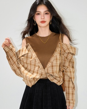 Plaid Pseudo-two tops autumn Korean style shirt