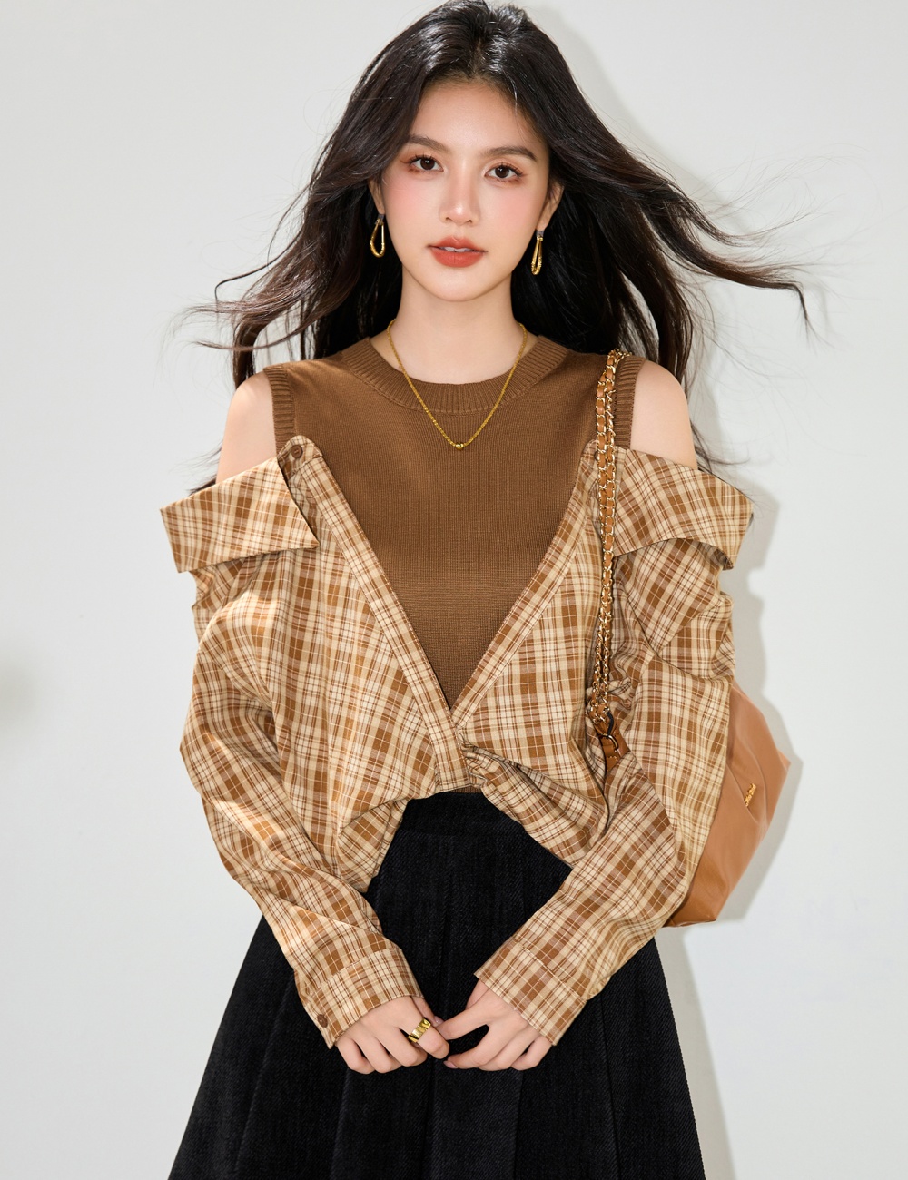Plaid Pseudo-two tops autumn Korean style shirt