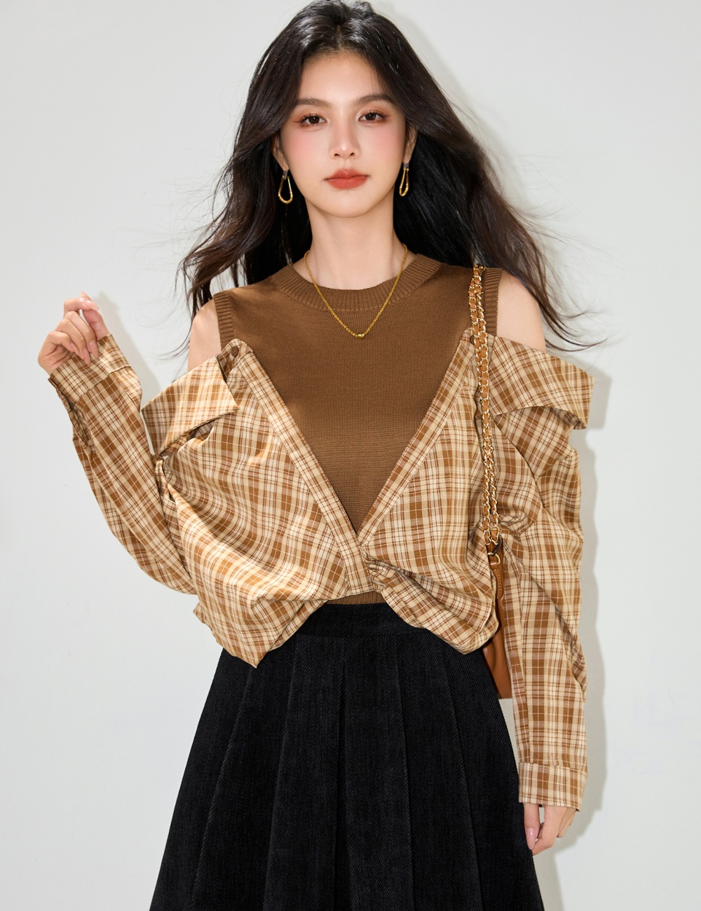 Plaid Pseudo-two tops autumn Korean style shirt