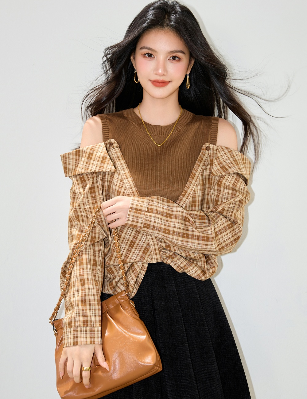 Plaid Pseudo-two tops autumn Korean style shirt