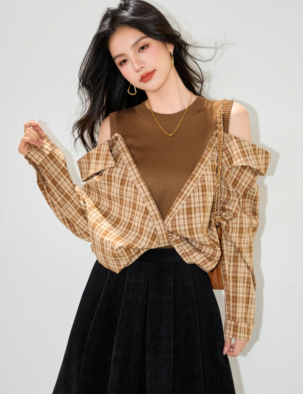 Plaid Pseudo-two tops autumn Korean style shirt