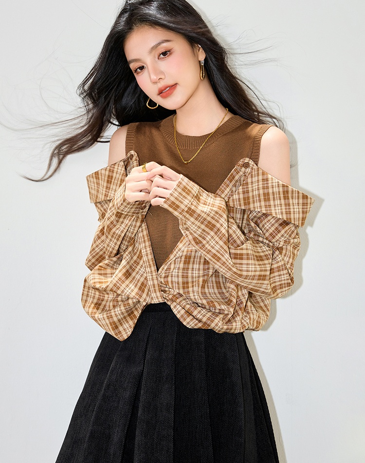 Plaid Pseudo-two tops autumn Korean style shirt