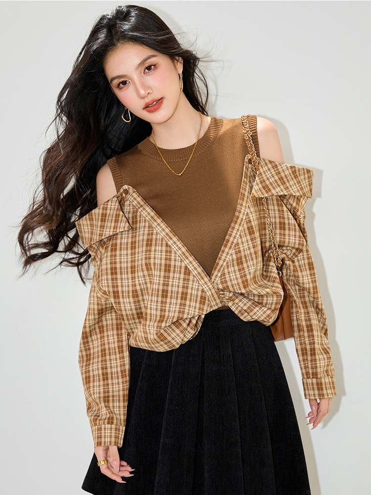 Plaid Pseudo-two tops autumn Korean style shirt