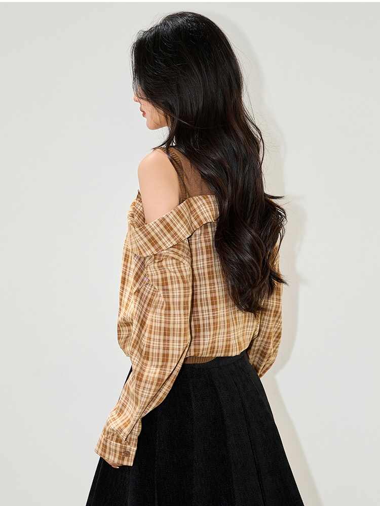 Plaid Pseudo-two tops autumn Korean style shirt