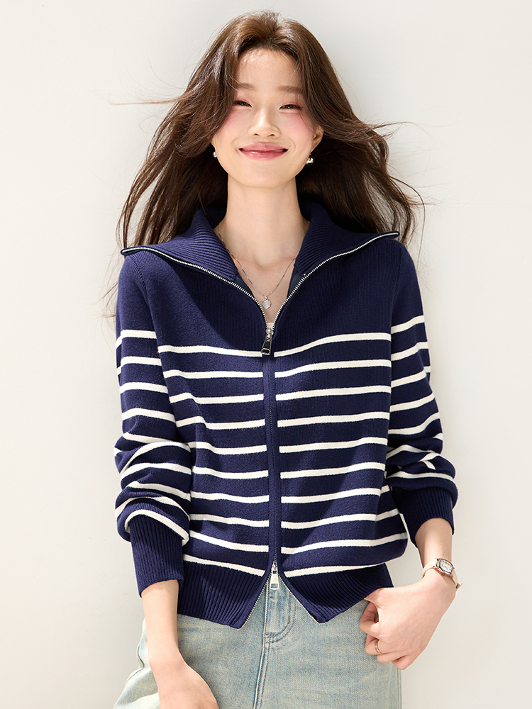 Lapel wool fashion mixed colors cardigan for women