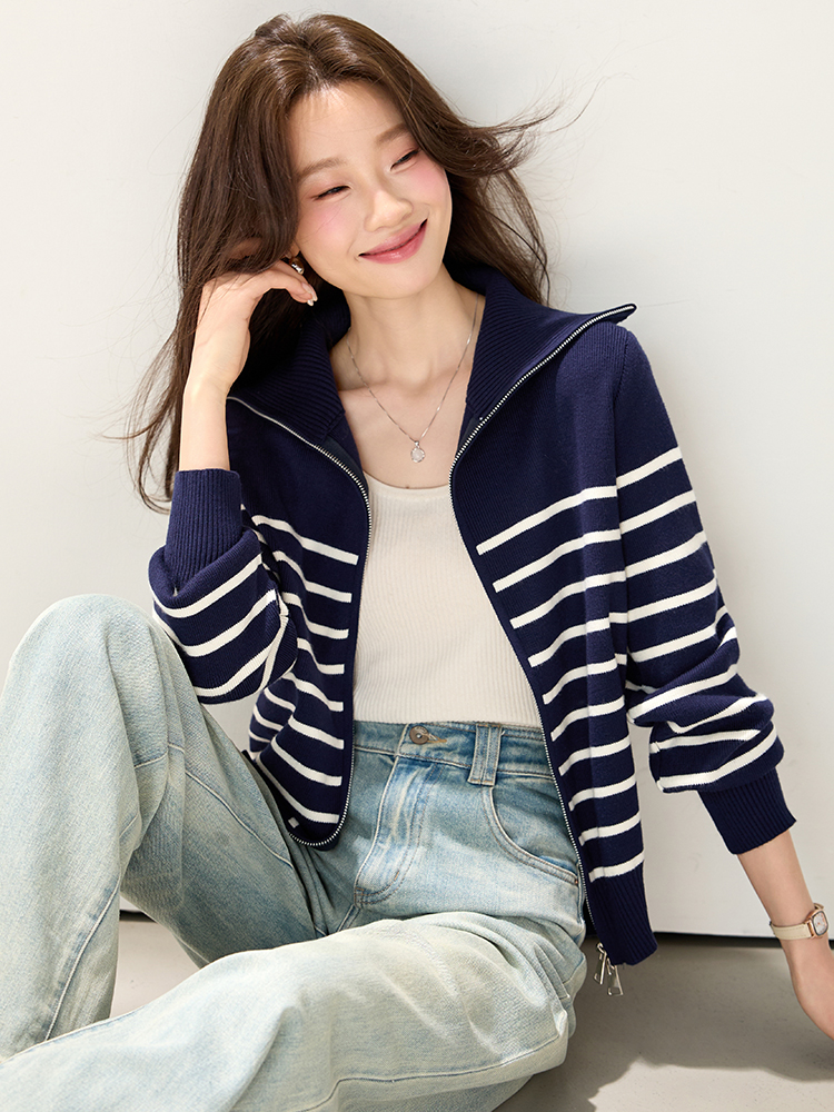 Lapel wool fashion mixed colors cardigan for women