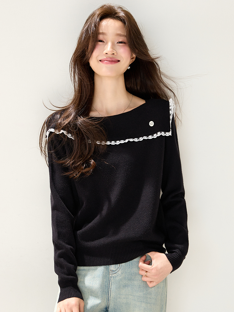Autumn and winter slim lapel flat shoulder sweater for women