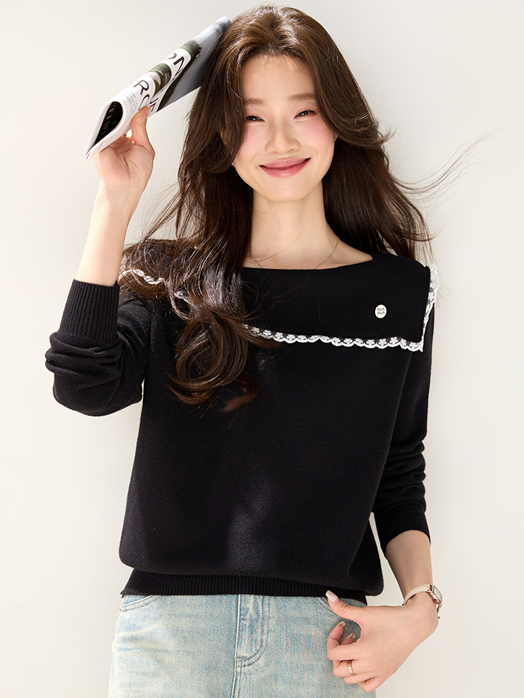 Autumn and winter slim lapel flat shoulder sweater for women
