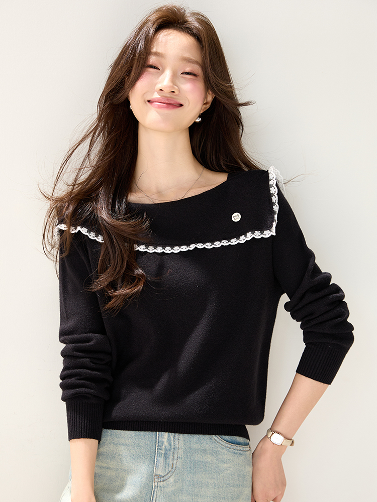 Autumn and winter slim lapel flat shoulder sweater for women