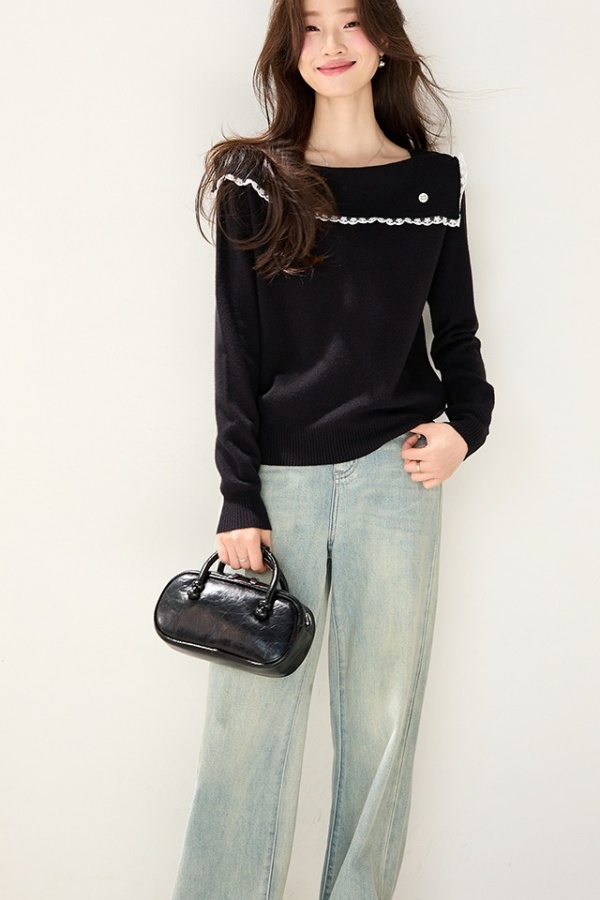 Autumn and winter slim lapel flat shoulder sweater for women