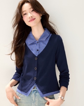 Autumn Pseudo-two shirt fashion stripe tops for women