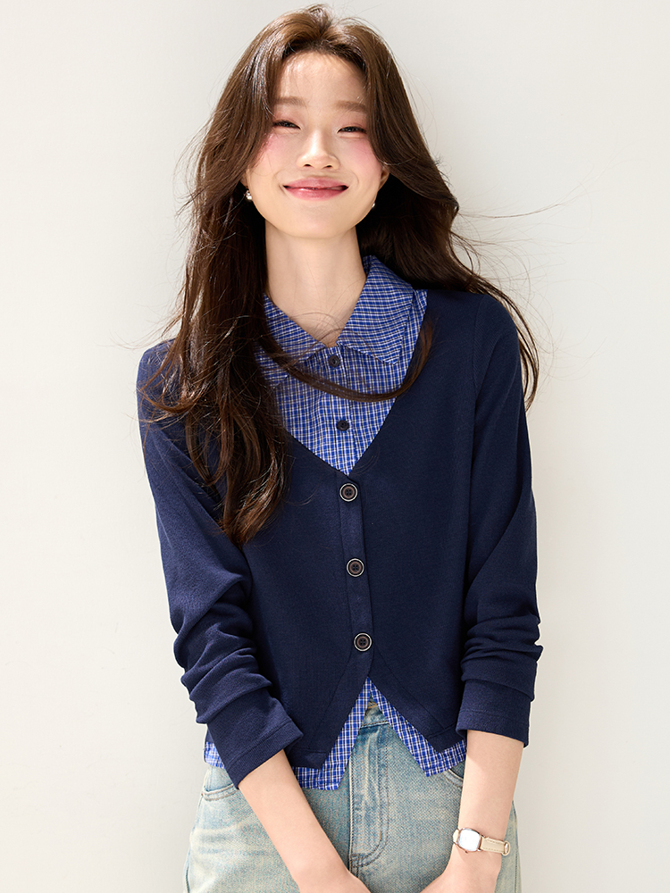 Autumn Pseudo-two shirt fashion stripe tops for women