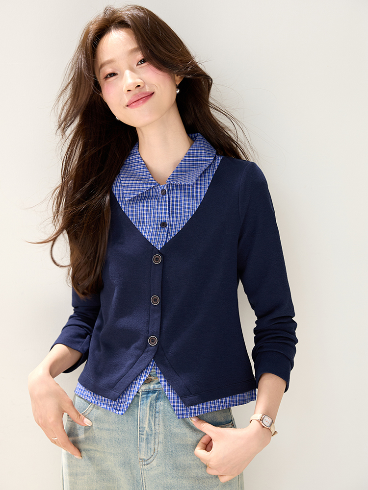 Autumn Pseudo-two shirt fashion stripe tops for women