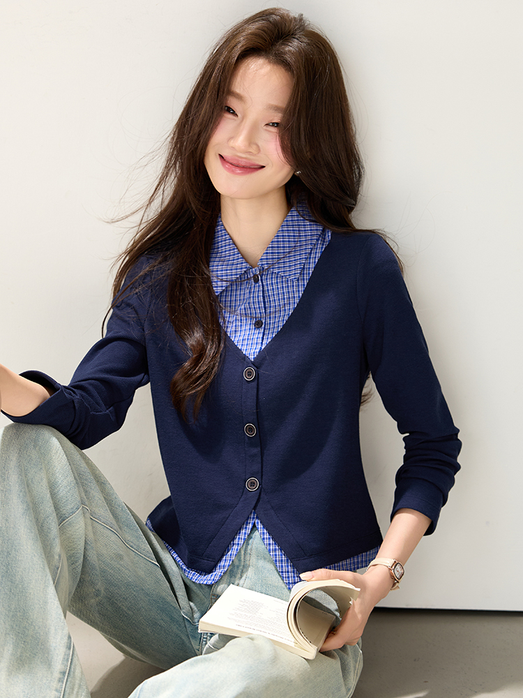 Autumn Pseudo-two shirt fashion stripe tops for women