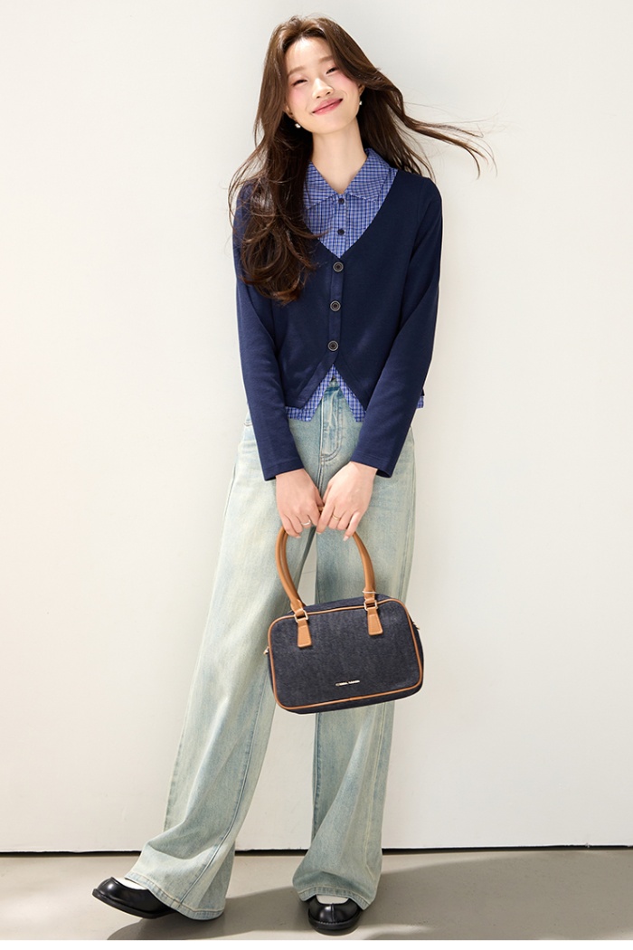 Autumn Pseudo-two shirt fashion stripe tops for women