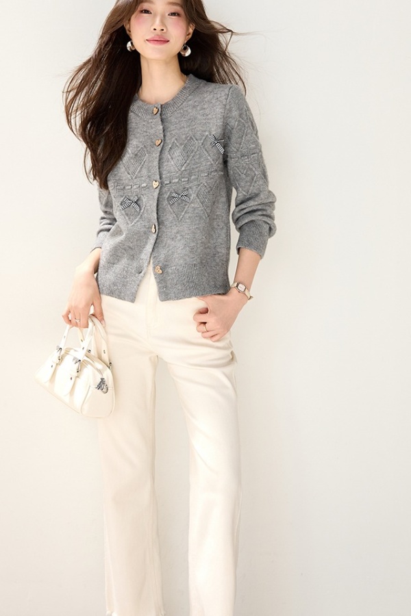 All-match gray tops bow Western style sweater for women