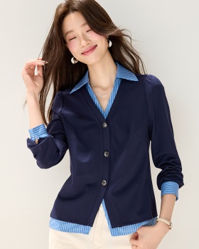 Autumn fashion splice shirt stripe Pseudo-two tops for women