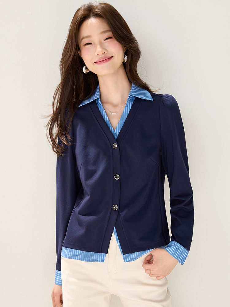 Autumn fashion splice shirt stripe Pseudo-two tops for women