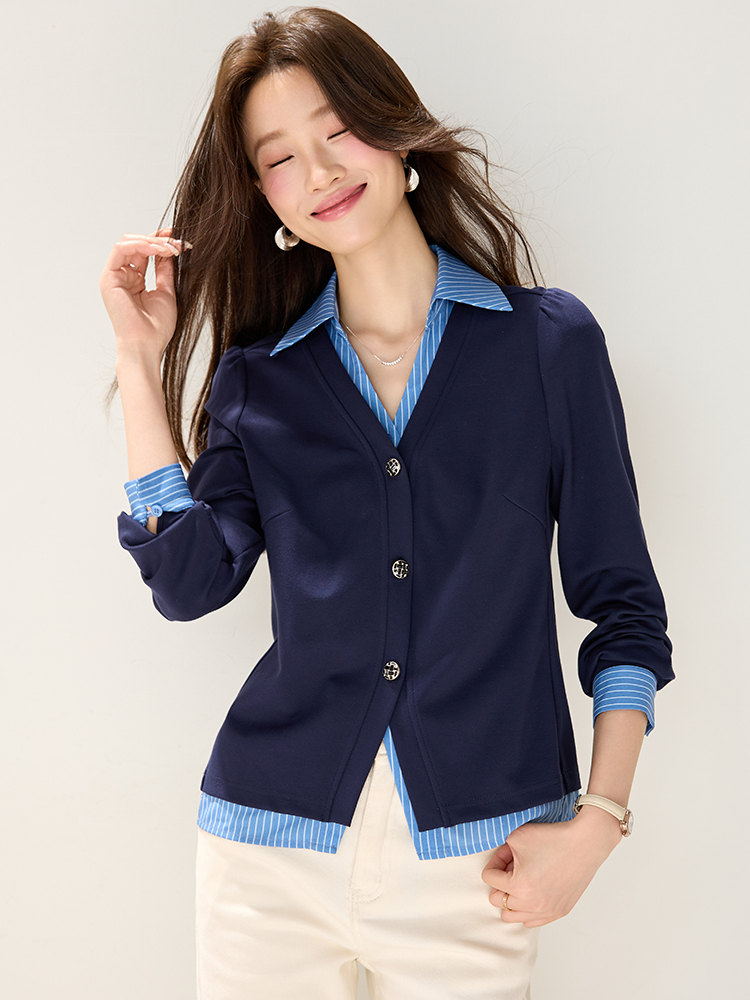Autumn fashion splice shirt stripe Pseudo-two tops for women