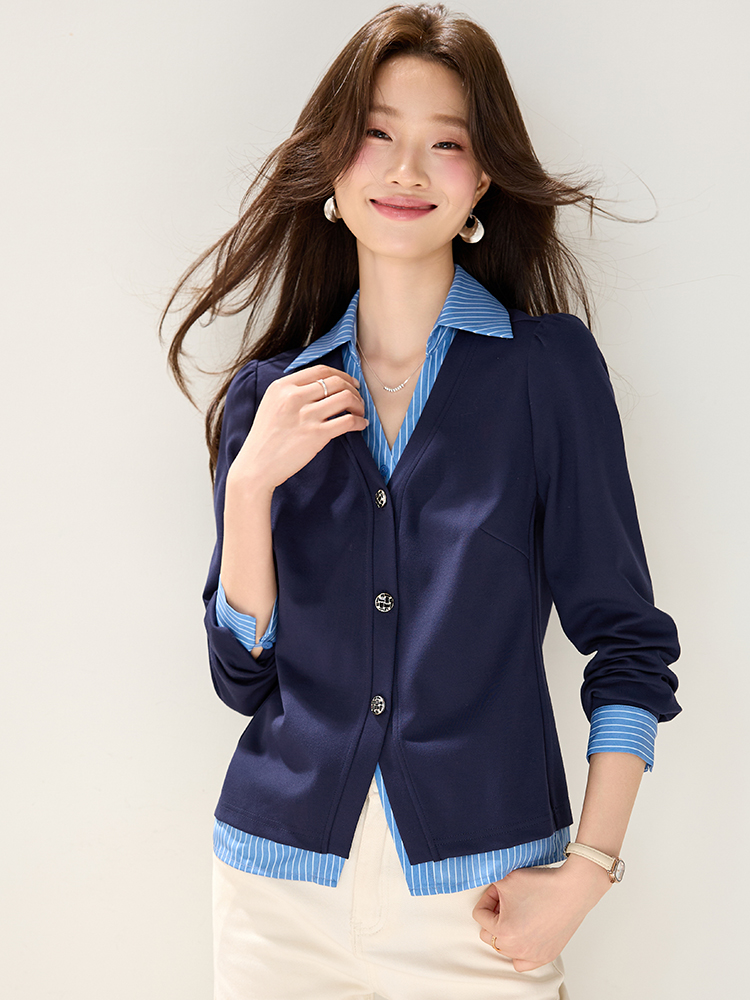 Autumn fashion splice shirt stripe Pseudo-two tops for women