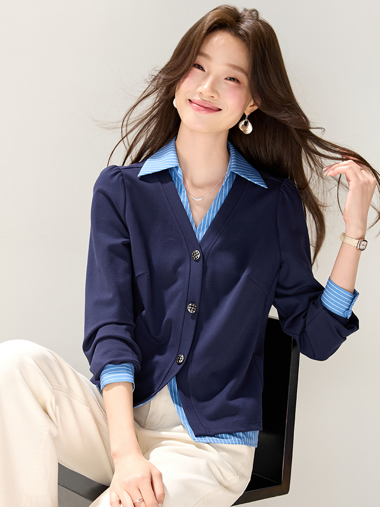 Autumn fashion splice shirt stripe Pseudo-two tops for women
