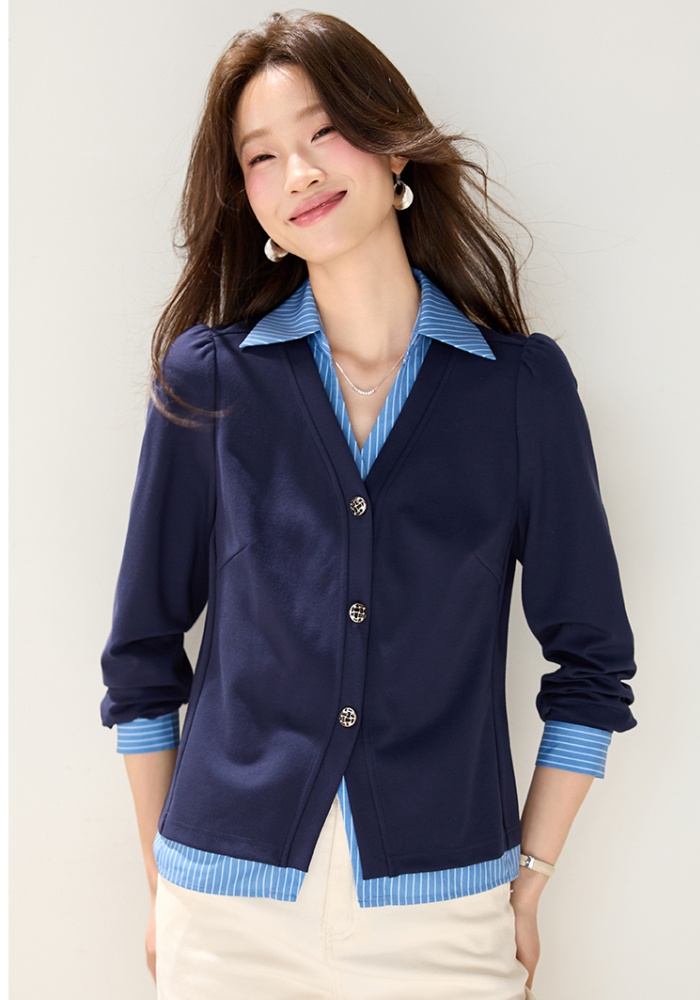 Autumn fashion splice shirt stripe Pseudo-two tops for women