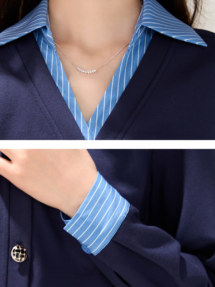 Autumn fashion splice shirt stripe Pseudo-two tops for women