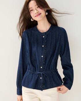 Wood ear decoration autumn drawstring retro shirt for women