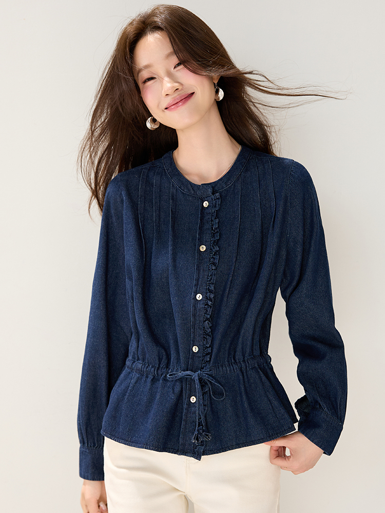 Wood ear decoration autumn drawstring retro shirt for women