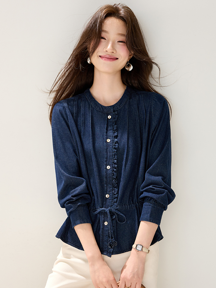 Wood ear decoration autumn drawstring retro shirt for women