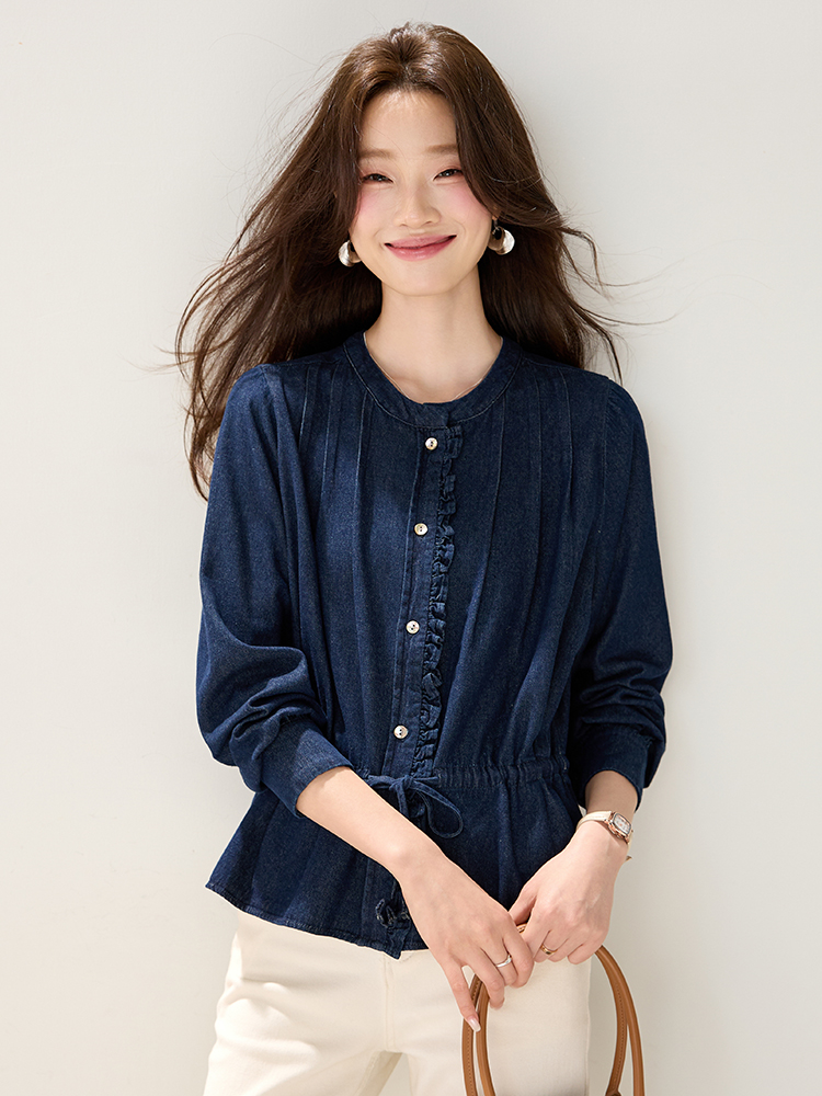 Wood ear decoration autumn drawstring retro shirt for women