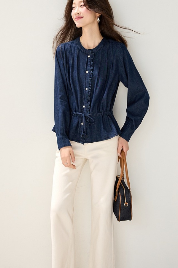 Wood ear decoration autumn drawstring retro shirt for women