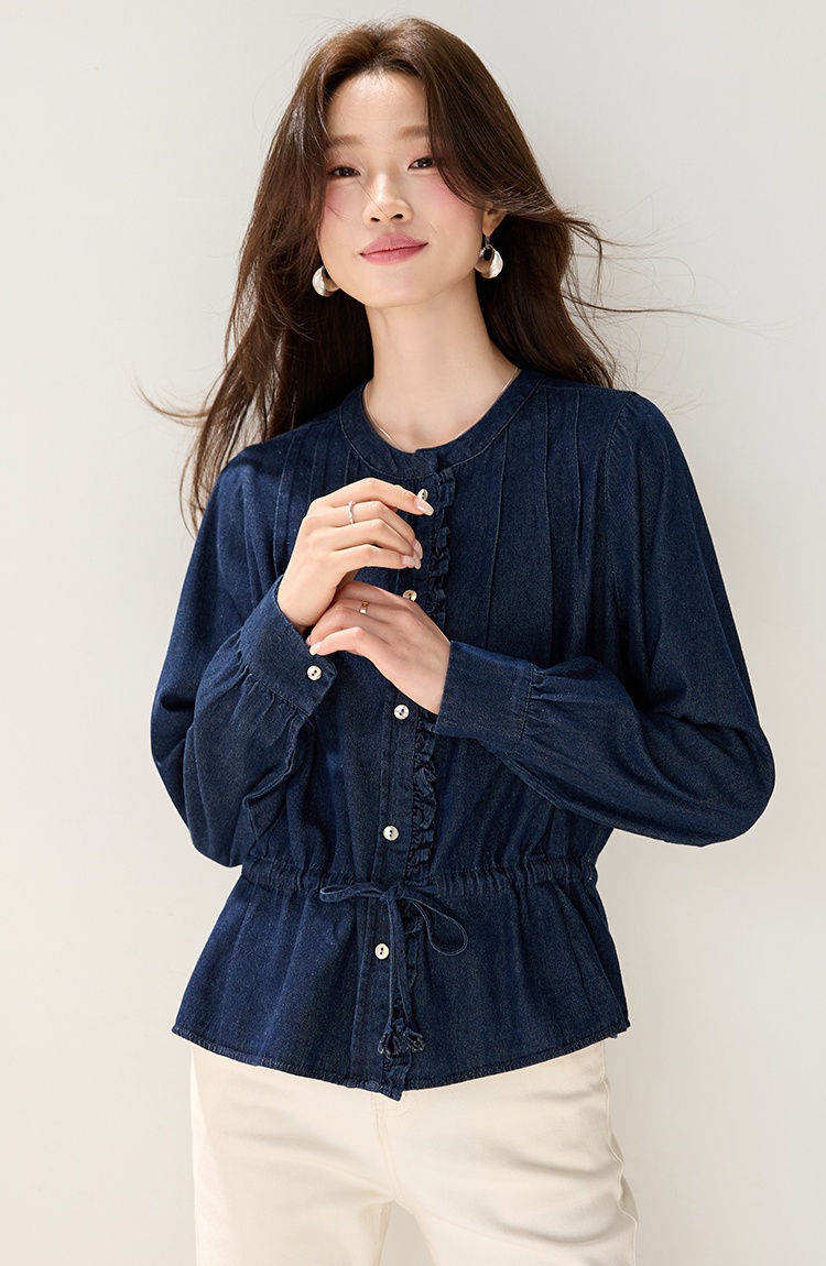 Wood ear decoration autumn drawstring retro shirt for women