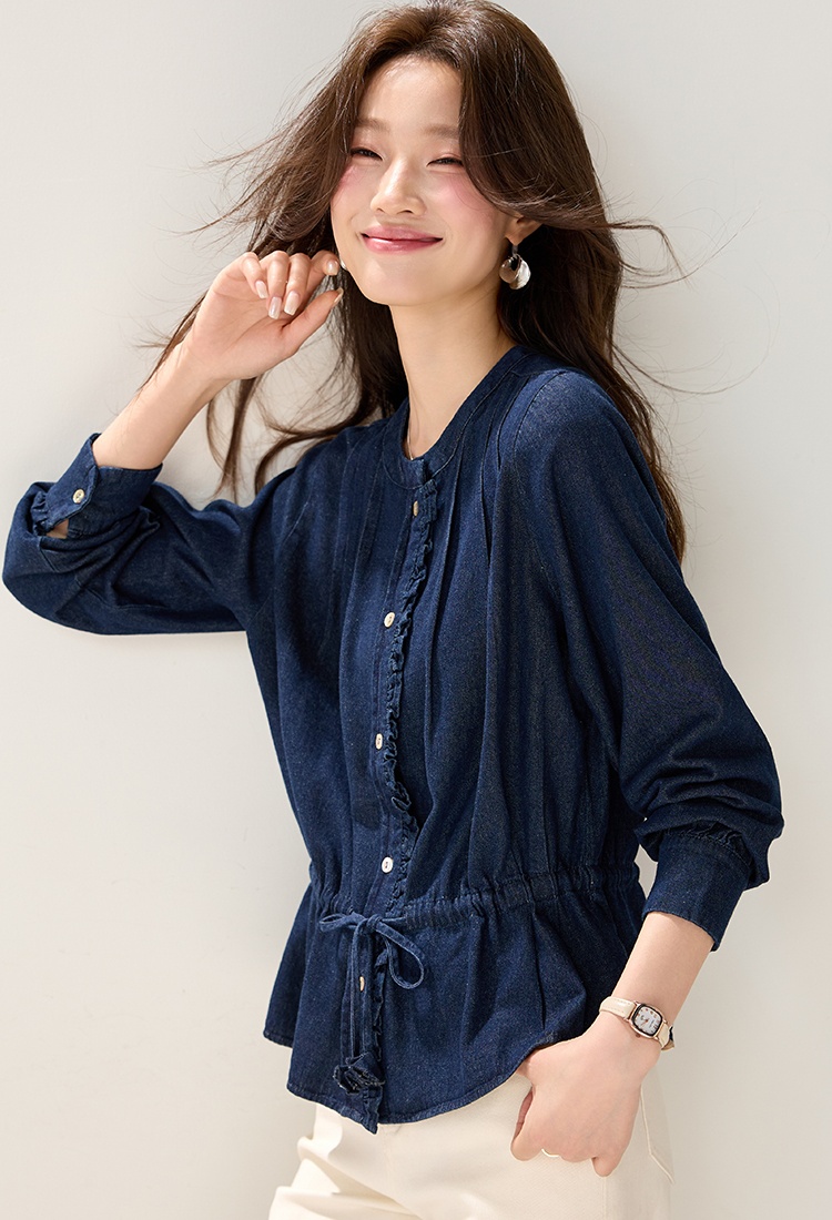 Wood ear decoration autumn drawstring retro shirt for women