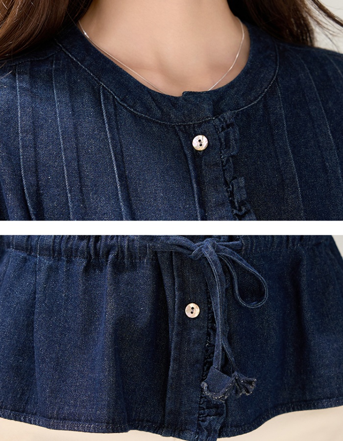 Wood ear decoration autumn drawstring retro shirt for women