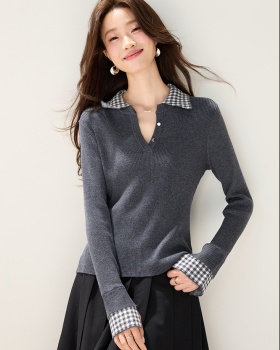 Autumn and winter splice tops all-match plaid sweater