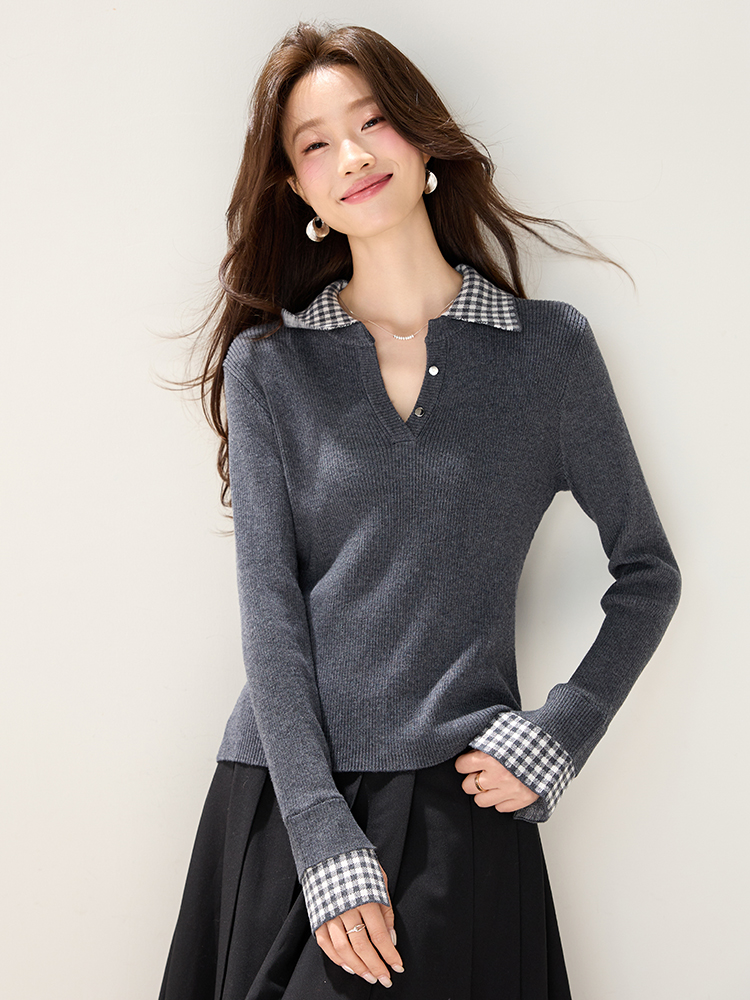 Autumn and winter splice tops all-match plaid sweater