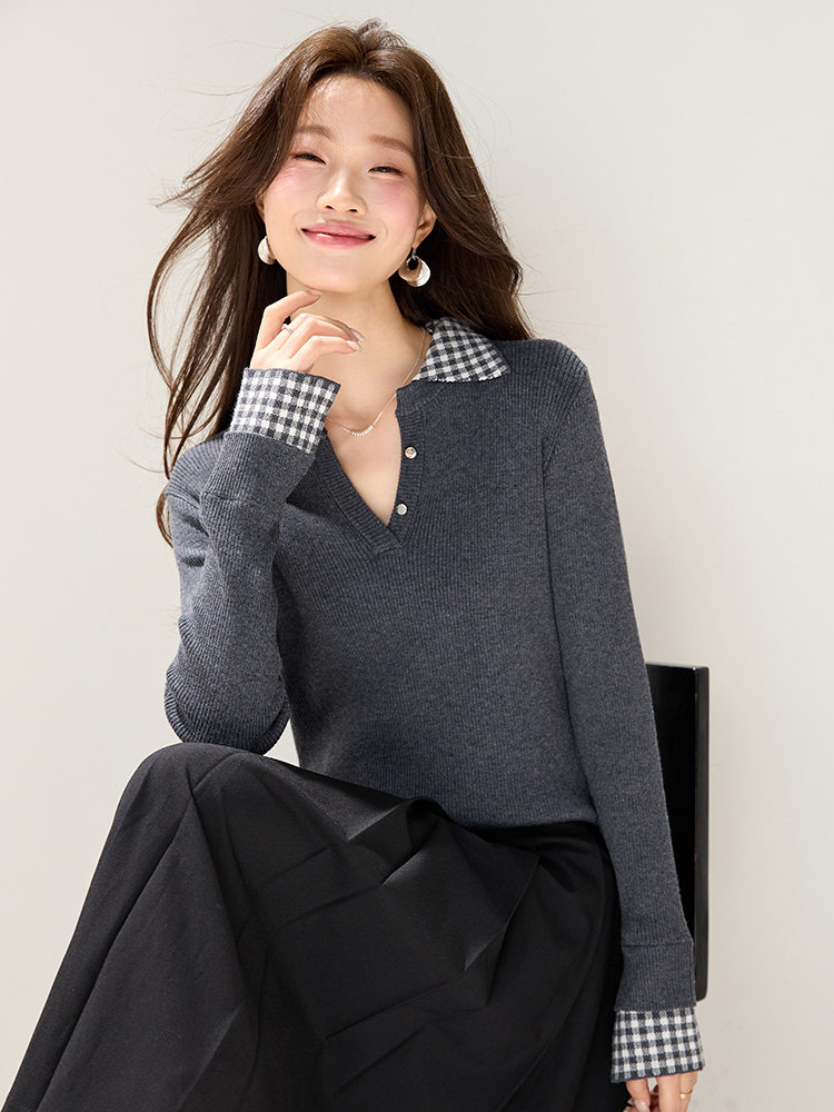 Autumn and winter splice tops all-match plaid sweater
