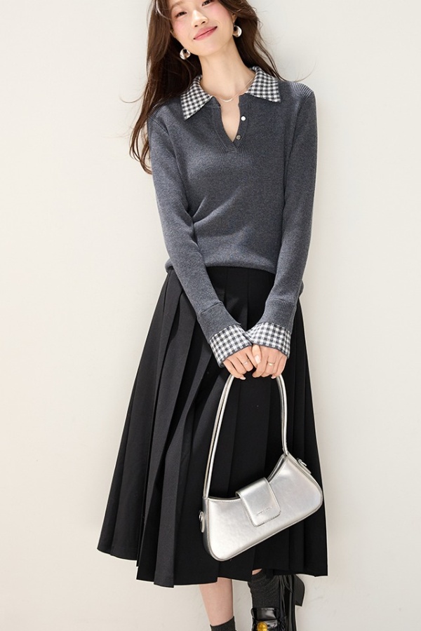 Autumn and winter splice tops all-match plaid sweater