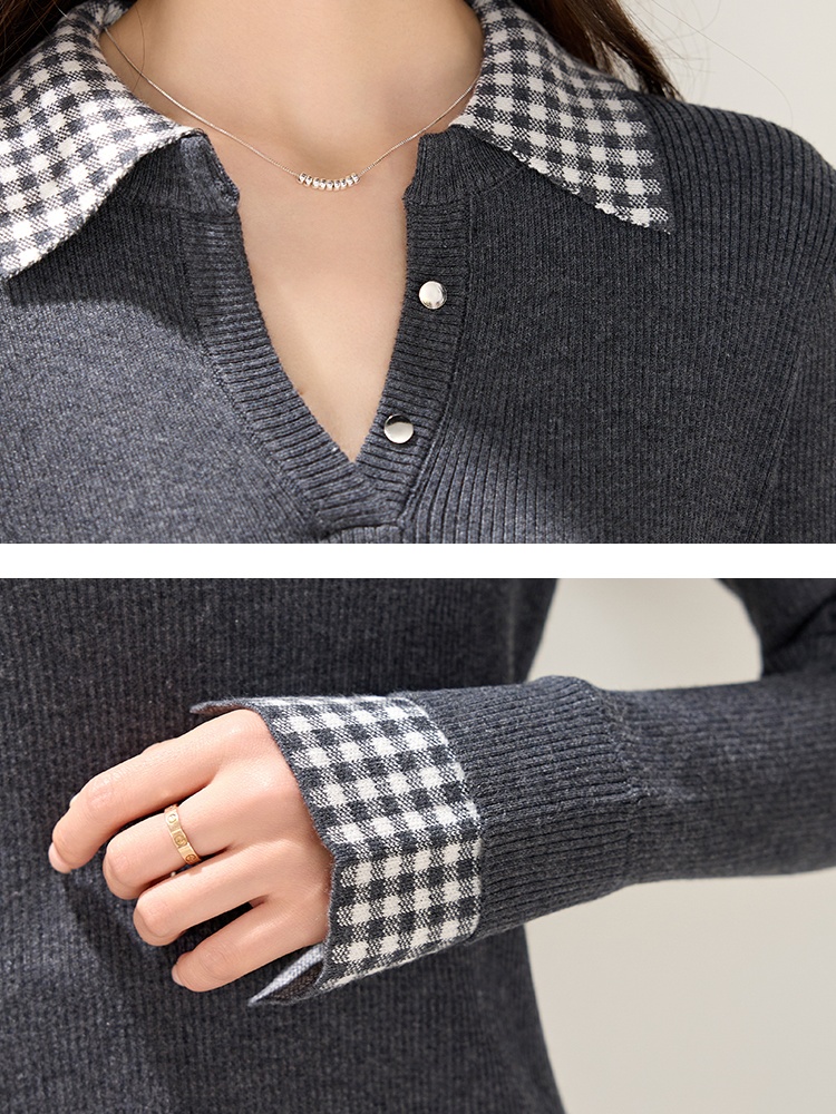 Autumn and winter splice tops all-match plaid sweater
